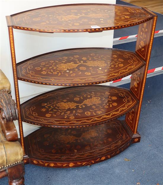 An early 19th century Dutch mahogany and floral marquetry inlaid three tier buffet W.77cm